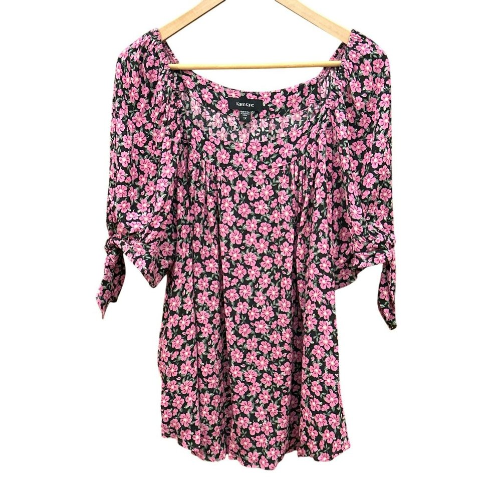 Karen Kane Womens  Black Pink Floral Blouse Plus Size 1X Tie Sleeve Quiet Luxury